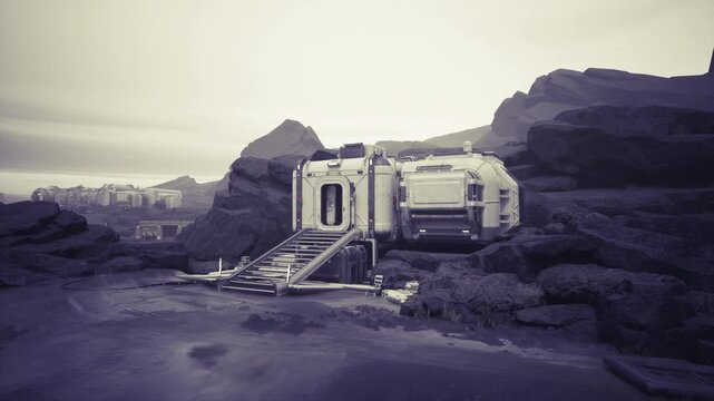 Supply module with drone landing pad at dusk, crates and ramp beside silhouette of small drone, purple twilight over rocky valley, subtle lights marking staging
