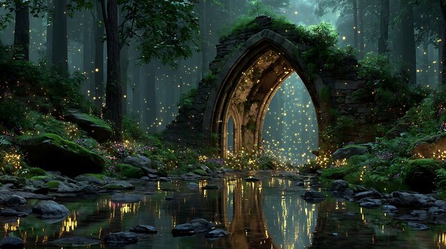 Enchanted forest doorway glowing through ancient stone arch with vines wallpapers