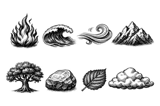 Vintage woodcut illustrations of the four classical elements and nature symbols