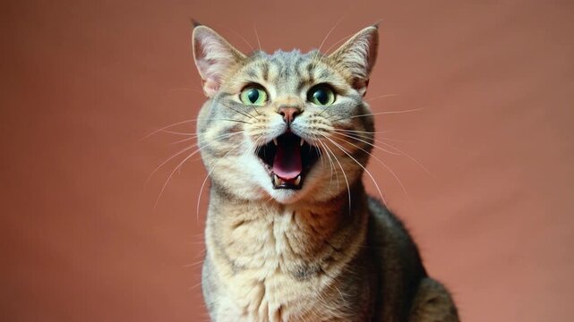 Cat with expressive face sitting against brown background, showing different emotions and open mouth in three closeup portraits of domestic animal indoors.