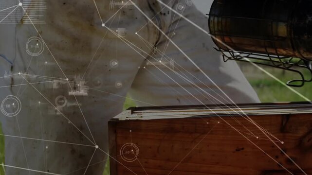 Vertical video: Beekeeper lowering smoker and opening hive, HUD overlay tracking smoke for farming