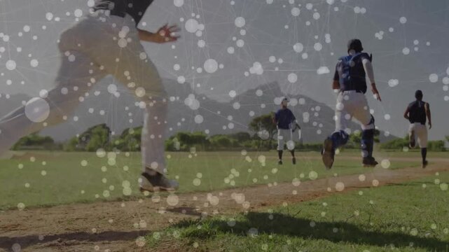 Baseball team racing baseline after drill start kicking dirt past lens, white veil softening view