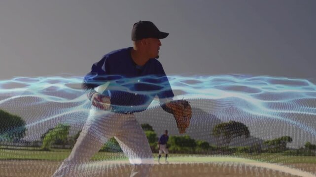 Baseball infielder reacting on ground ball, fielding, passing, throwing under blue mesh to outfield