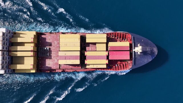 Aerial drone top down cinematic tracking loop video of container ship cruising deep blue open ocean sea