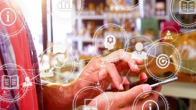 Male hands tapping phone at bakery counter, summoning expanding network icons for product info