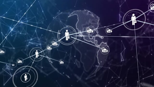 Central person icon activating and sending business links across dotted globe, target rings pulsing