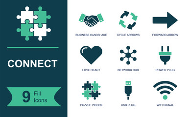 Fototapeta premium Connect icon set. Containing business handshake, cycle arrows, forward arrow, love heart, network hub, power plug, puzzle pieces, USB plug, WiFi signal and more. Solid vector icons.