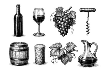 Naklejka premium Vintage wine collection illustration with bottle, glass, grapes, barrel, corkscrew, and decanter