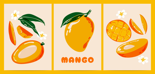 Obraz premium Mango posters. Vintage tropical fruit with green leaves, colorful food banners with ripe sweet mangoes. Vector abstract background set