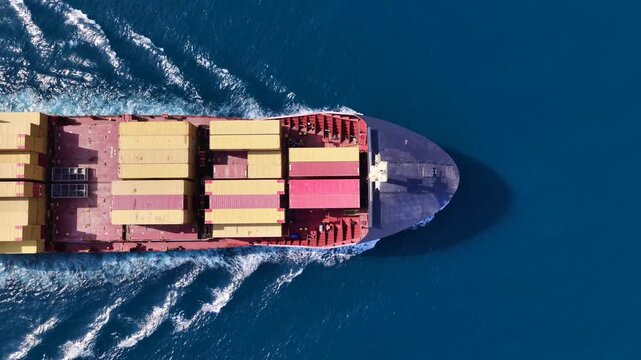Aerial drone top down cinematic tracking loop video of container ship cruising deep blue open ocean sea