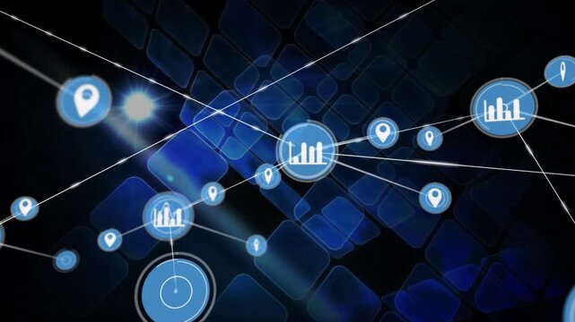 Central blue node pulsing and spawning data web showing chart and location icons to map data