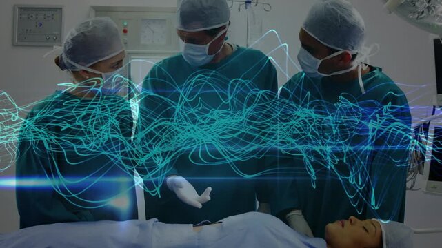 Lead surgeon leaning and pointing at animated waveform, guiding scalpel incision during surgery