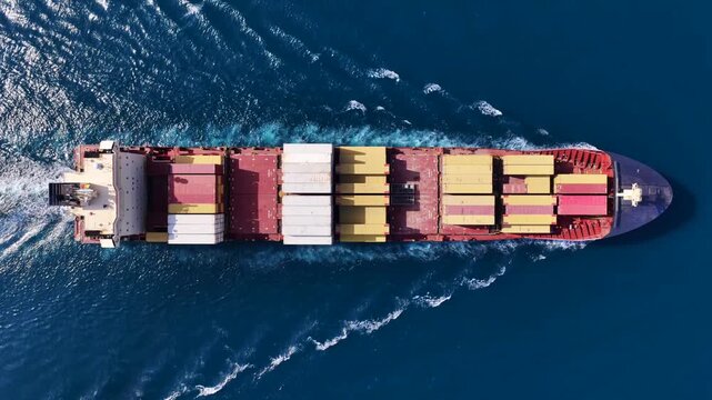Aerial drone top down cinematic tracking loop video of container ship cruising deep blue open ocean sea