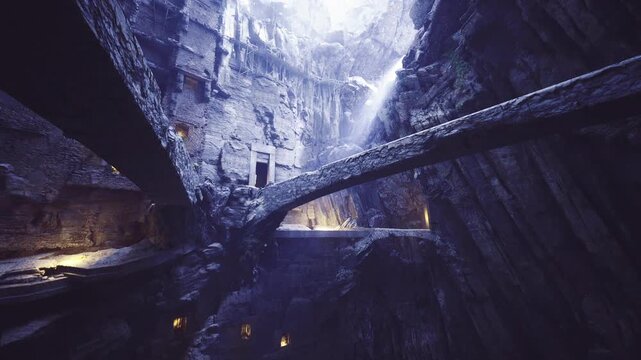 Broad stone bridges forming subterranean plaza lit by golden lamps with central waterfall and stepped walkways, communal scale and textured masonry evoking