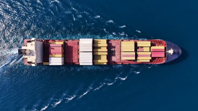 Aerial drone top down cinematic tracking loop video of container ship cruising deep blue open ocean sea
