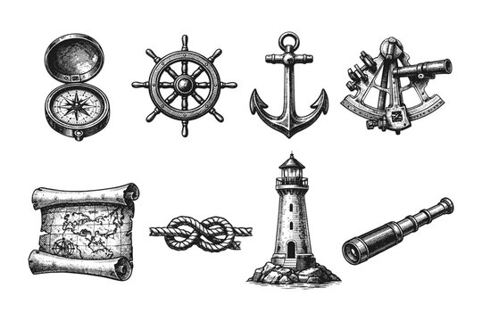 Nautical adventure icons: compass, anchor, lighthouse, ship wheel, spyglass, map, sextant, rope