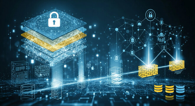 Secure data transfer and cryptocurrency exchange in a futuristic digital network with padlock and glowing connections