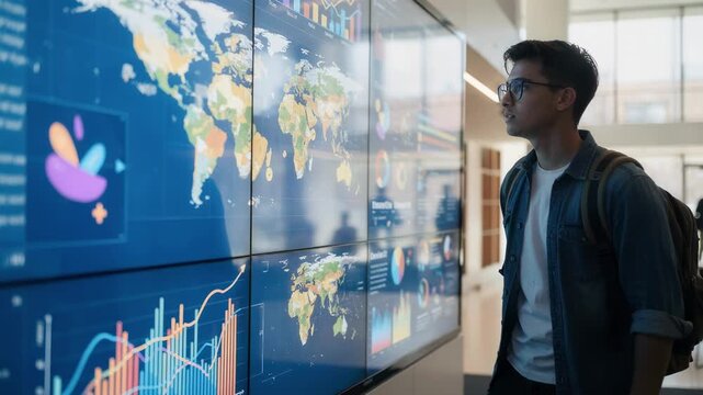 Medium shot of a university student engaging with an interactive data wall featuring lively graphs and geographical information in a bright campus setting.