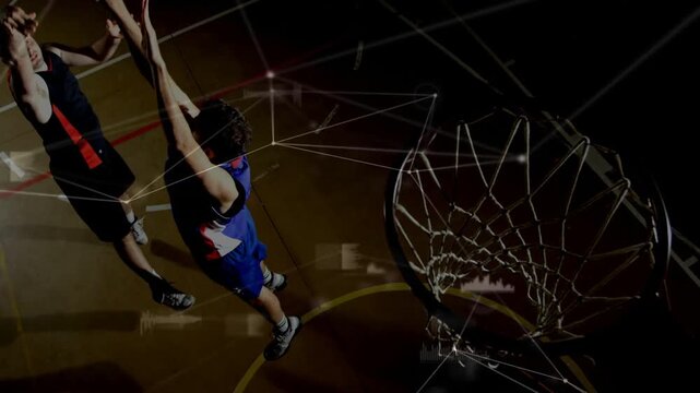Basketball shooter taking jump shot, defender contesting, HUD tracking ball, net stretching scoring