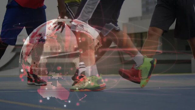 Basketball players dribbling rooftop, first dribble sparking globe overlay, group fighting for ball