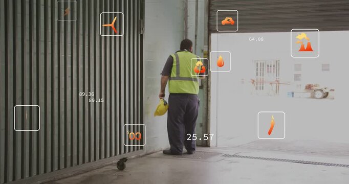 Male warehouse worker using latch and opening shutter for loading, orange overlays updating numbers