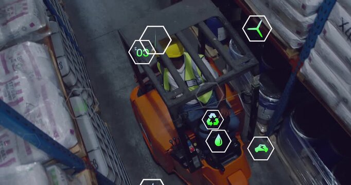 Vertical video: Driver using controls forklift steering down aisle, hex icons guiding safe route