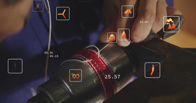 Hands threading needle sewing red seam on tube pulling thread, orange UI overlaying aiding repair