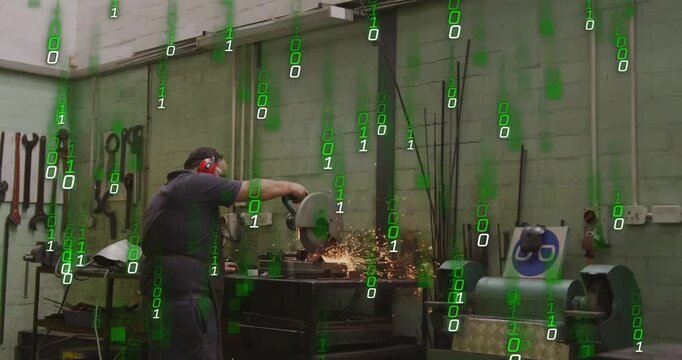 Fabricator using saw, cutting metal parts, sparks flying, green binary overlay rising over worker