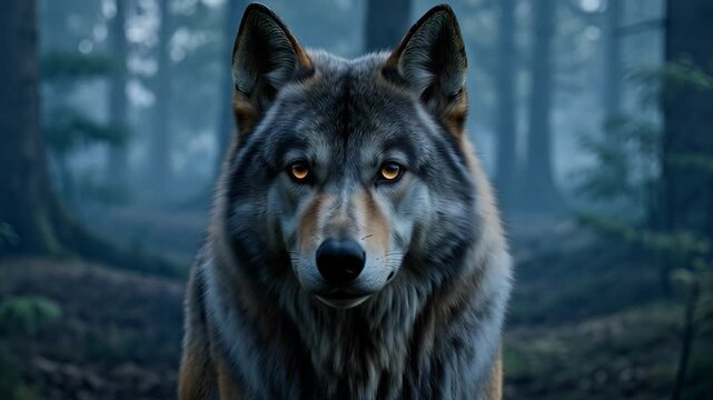 Majestic wolf portrait in forest setting with atmospheric lighting