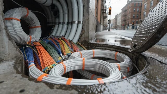 Urban sidewalk vault access showing organized fiber coils and splices inside the handhole with the nearby street scene blurred to maintain focus.