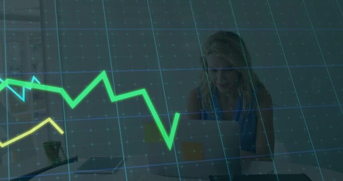 Vertical video: Woman typing, live feed showing grid 3 color line charts over laptop for finance