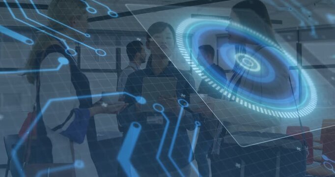 Vertical video: Lead rep raising tablet, causing HUD sweeping over kiosk as team checking trip info