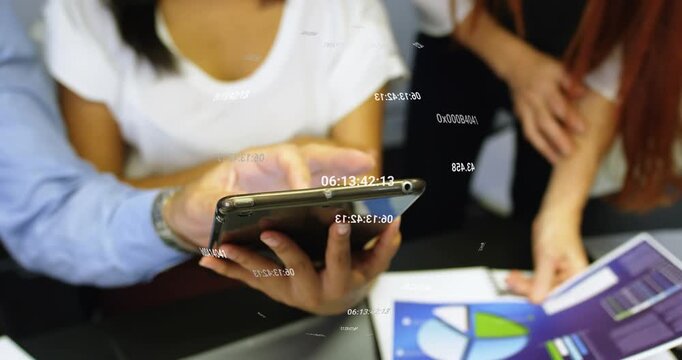 Holding phone, woman in white top steadying device at table, man tapping screen, reviewing report
