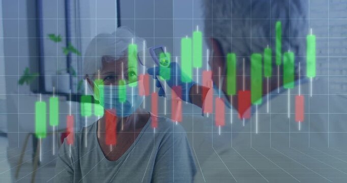 Vertical video: Senior man checking temp for health, woman masked in home, finance chart over faces