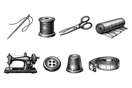 Vintage sewing tools collection including a sewing machine, needle, thread, scissors, and fabric roll