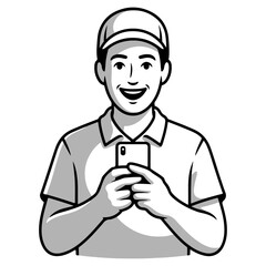 Obraz premium Delivery Man Holding Smartphone, Friendly Courier Worker Using Mobile Device for Communication and Service Concept Vector Illustration Isolated on White Background