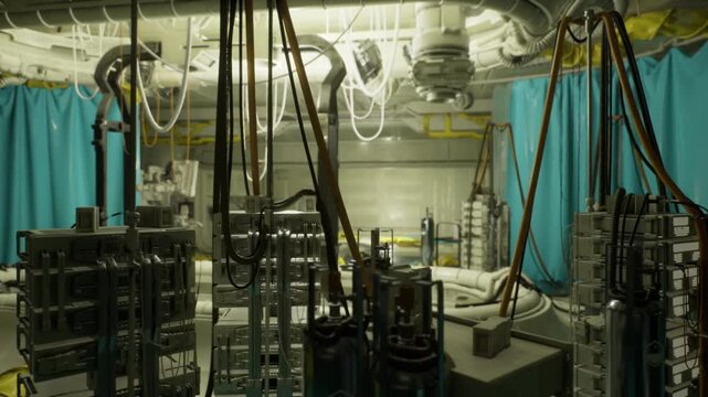 Medical equipment packed clinical preparation room, curtained bays and stacked ventilators with coiled tubing, overhead lights and organized carts, technicians