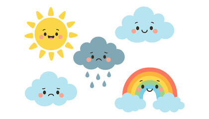 Obraz premium Weather icon set with smiling sun and various cloud types