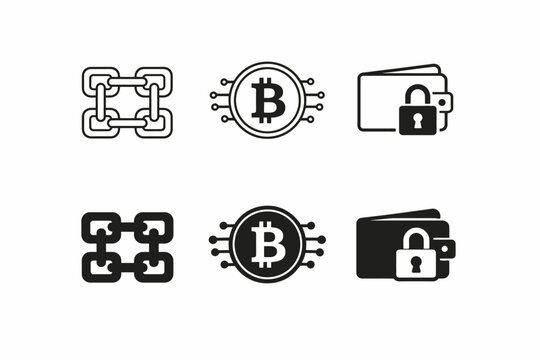 Blockchain and cryptocurrency symbols featuring bitcoin and digital wallet icons