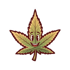 Obraz premium A cheerful cartoon illustration of a cannabis leaf with a happy smiling face and friendly expression.