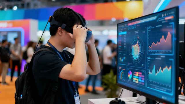 Visitor at an interactive trade exhibition exploring detailed VR charts main subject sharply defined against a softfocus crowd and colorful exhibition setup.