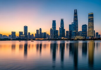 Fototapeta premium City skyline at sunset with reflection in water