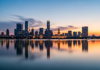 Obraz premium City skyline at sunset with reflection on water