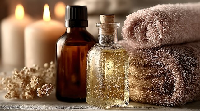 High end aromatherapy spa still life with minimalist candles and oils images