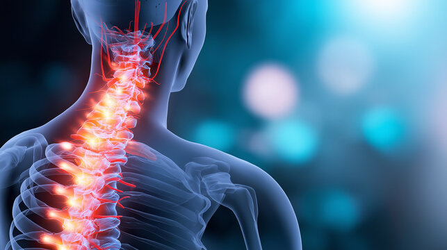 Human body back illustrating spine pain, vertebral column problems, and red inflammation of nerves on a medical background