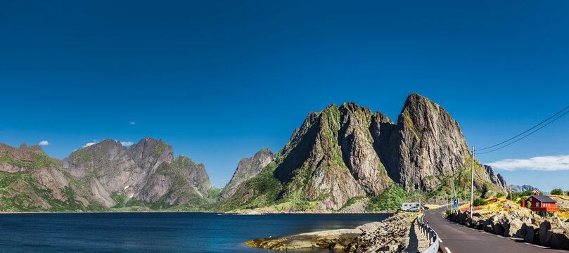 Red house on the coast of the Lofoten Islands near Hamn&oslash;y in Norway