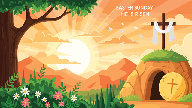 An easter scene depicting the empty tomb a cross and a radiant sunrise