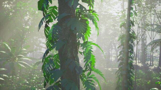 Dense vine filled hotspot in Peru rich understory teeming with plant life, diffused light, ideal for ecology research, education and conservation messaging