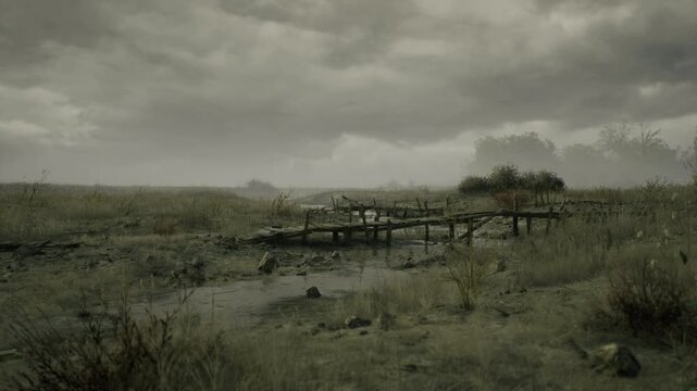 Eerie coastal landscape. Quiet abandoned pier amid gray skies and sparse plants. Haunting scene of forsaken dock beneath overcast sky and minimal greenery