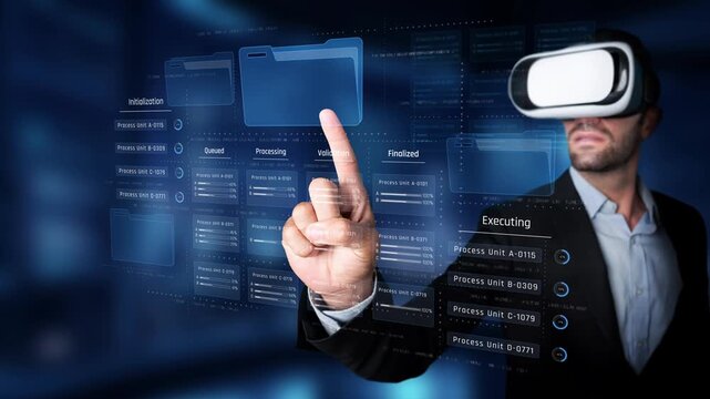 A businessman engages with a virtual reality data interface, showcasing innovative technology for process management and improving user interaction in a modern workspace. Raster